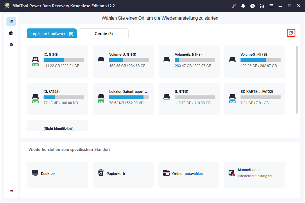 Klicken Sie auf die Schaltfläche Aktualisieren in der oberen rechten Ecke, um die Liste der Laufwerke zu aktualisieren