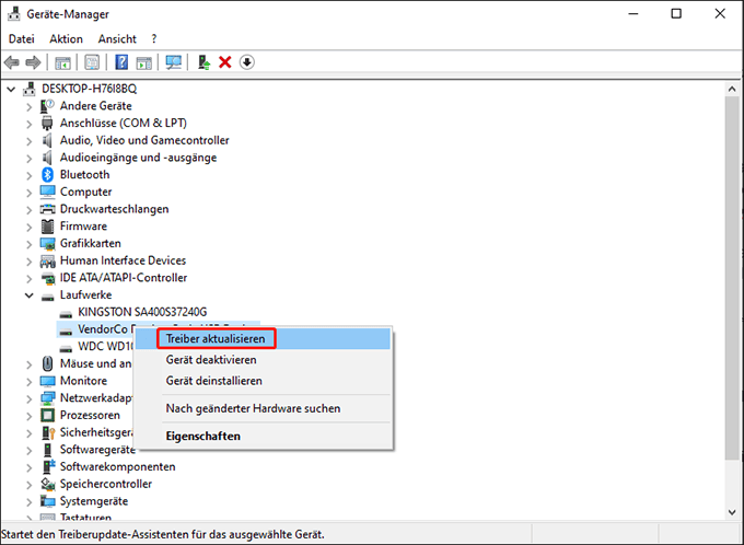 Klicken Sie mit der rechten Maustaste auf Ihr Laufwerk und wählen Sie Treiber aktualisieren