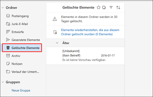 Gehen Sie zum Ordner Gelöschte Elemente
