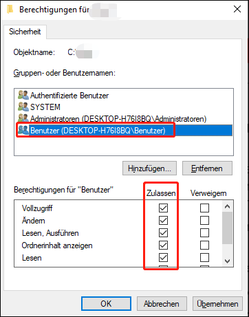 Aktivieren Sie unter der Spalte Zulassen die Option Vollzugriff im Abschnitt Berechtigungen für xxx