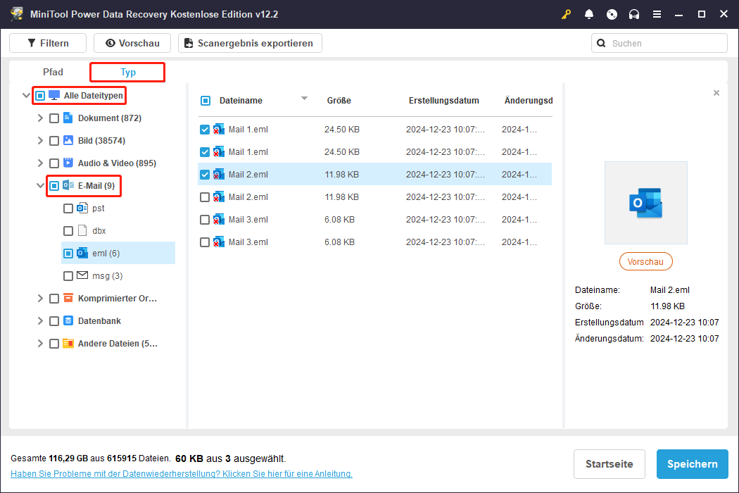 Verwendung der Typ-Funktion, um EML-Dateien auf der Scan-Ergebnis-Seite von MiniTool Power Data Recovery zu finden