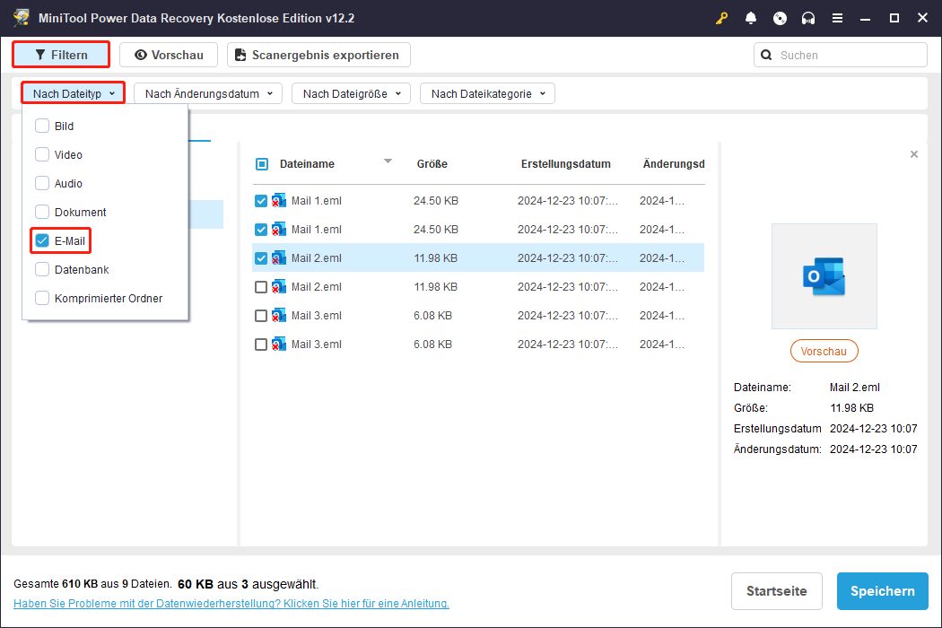 Verwendung der Filterfunktion, um EML-Dateien auf der Scan-Ergebnis-Seite von MiniTool Power Data Recovery zu finden