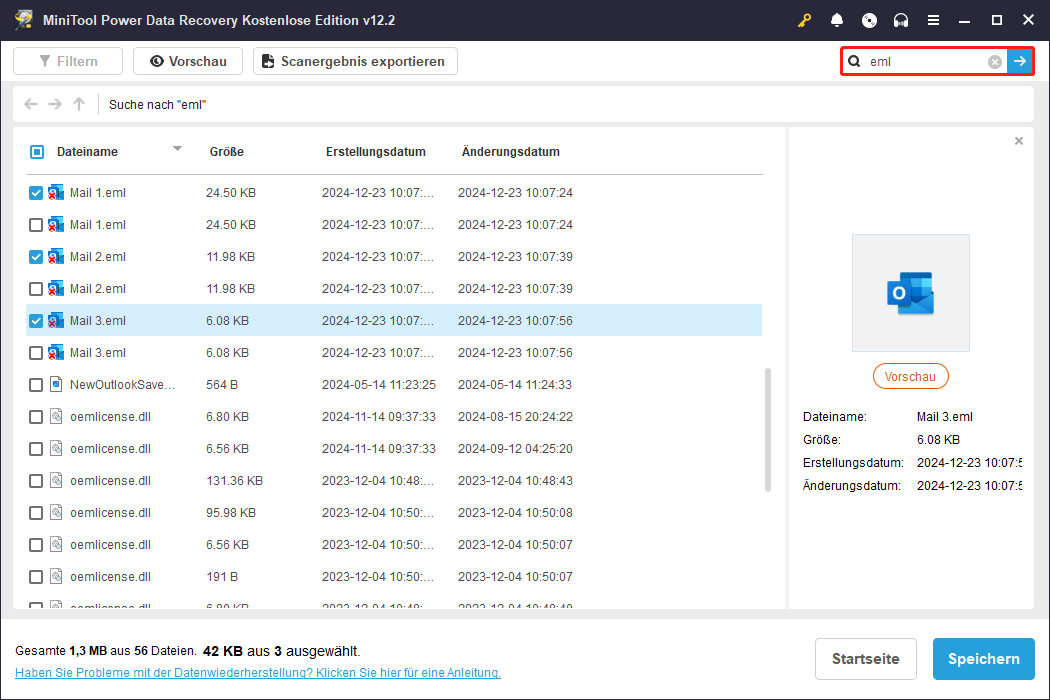 Verwendung der Suchfunktion, um alle EML-Dateien auf der Scan-Ergebnis-Seite von MiniTool Power Data Recovery zu finden