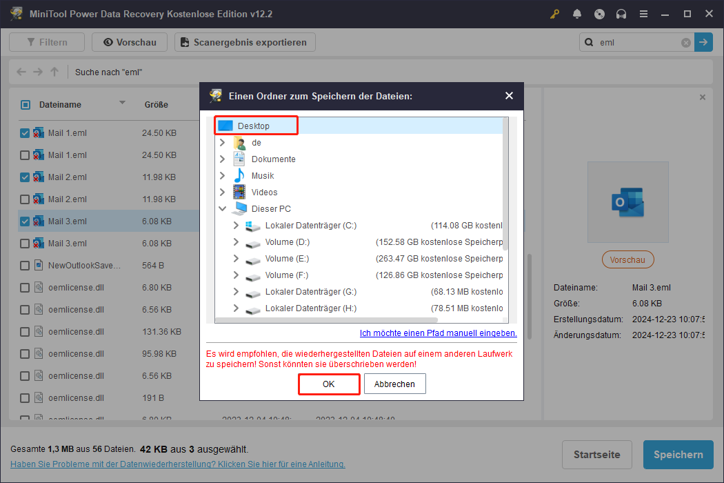 Wählen Sie einen neuen Speicherort aus, um die ausgewählten EML-Dateien in MiniTool Power Data Recovery zu speichern