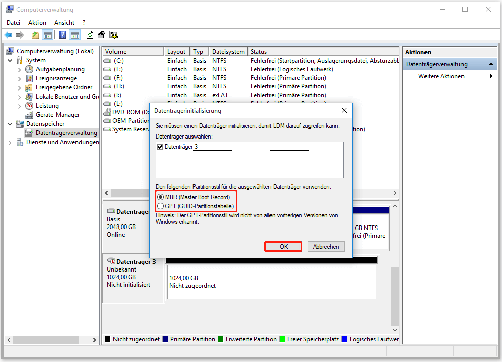 Wählen Sie einen Partitionsstil, um eine Festplatte als MBR oder GPT zu initialisieren