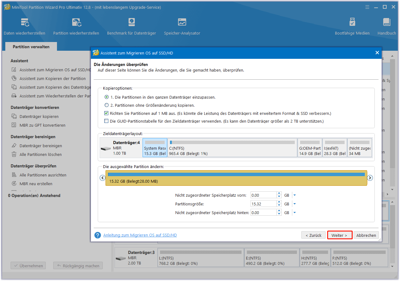 Wählen Sie eine Kopieroption in MiniTool Partition Wizard