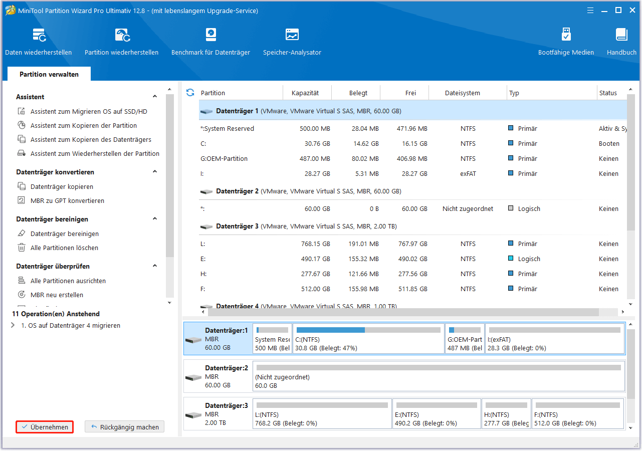 Klicken Sie auf die Schaltfläche Übernehmen, um den Migrationsvorgang in MiniTool Partition Wizard abzuschließen