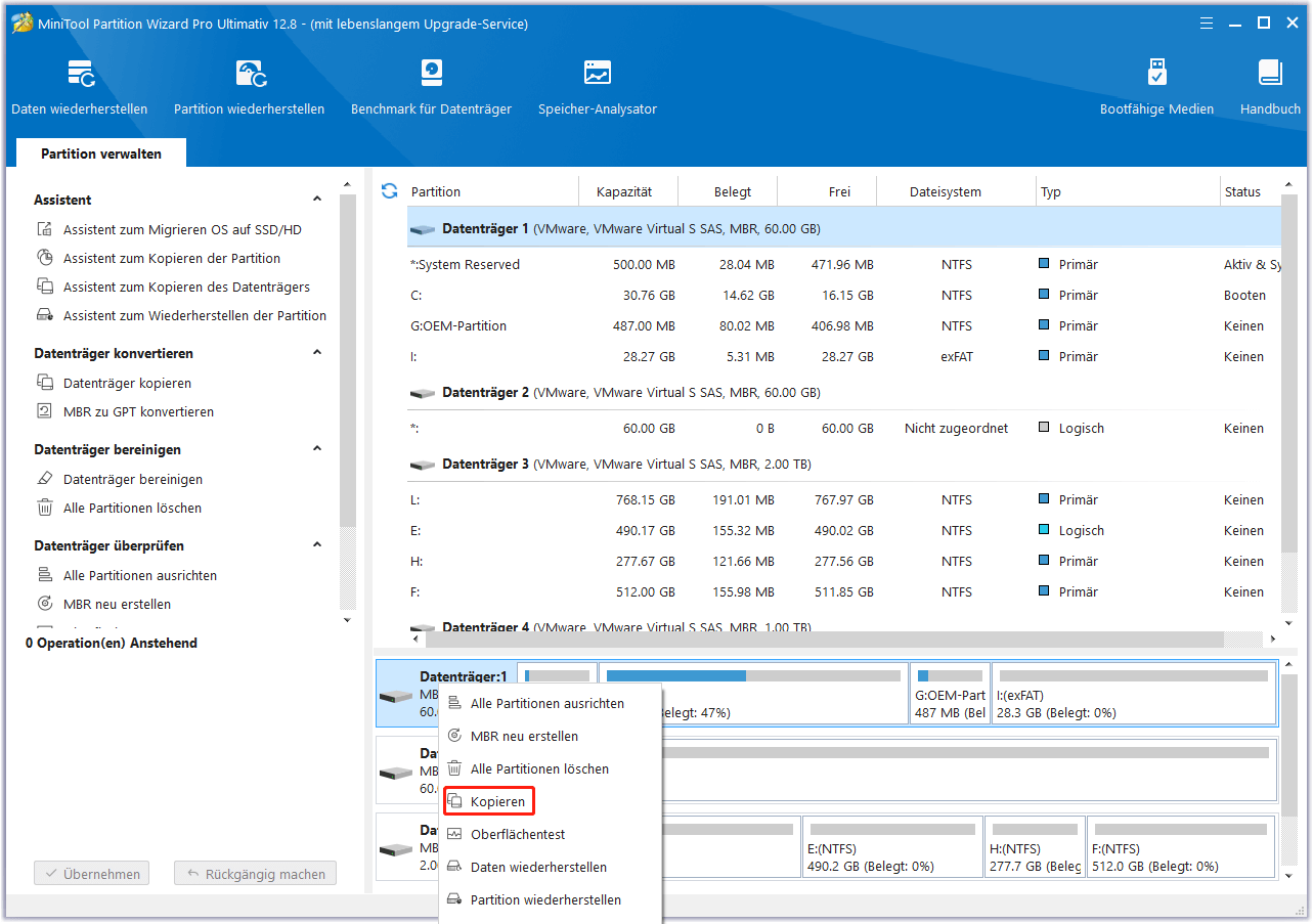 Klicken Sie auf die Funktion Kopieren, um einen Datenträger in MiniTool Partition Wizard zu klonen