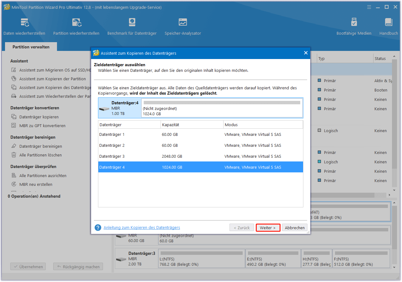 Die neue SSD als Zieldatenträger auswählen