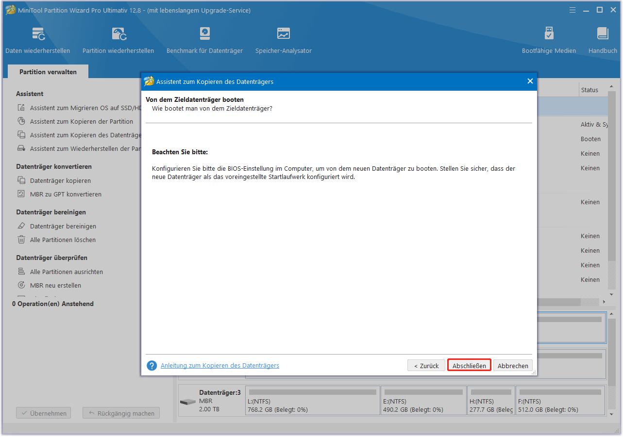 Lesen Sie den Boot-Hinweis und klicken Sie auf die Schaltfläche Abschließen in MiniTool Partition Wizard