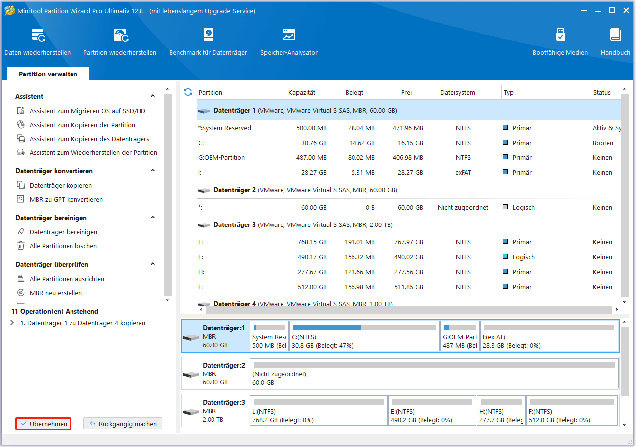 Klicken Sie auf die Schaltfläche Übernehmen, um den Klonvorgang in MiniTool Partition Wizard abzuschließen