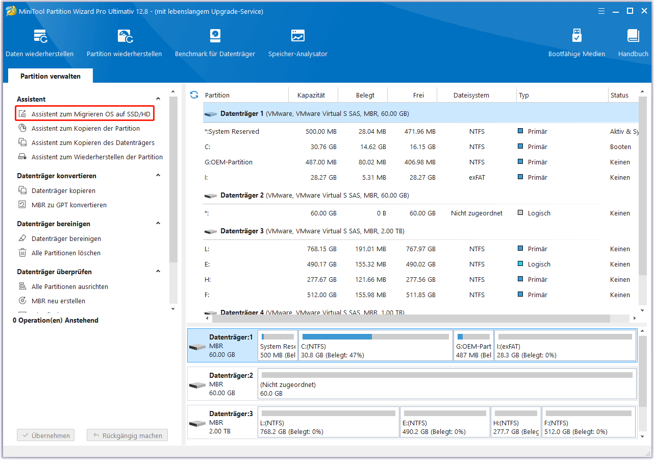 Verwenden Sie die Option Assistent zum Migrieren OS auf SSD/HD im MiniTool Partition Wizard