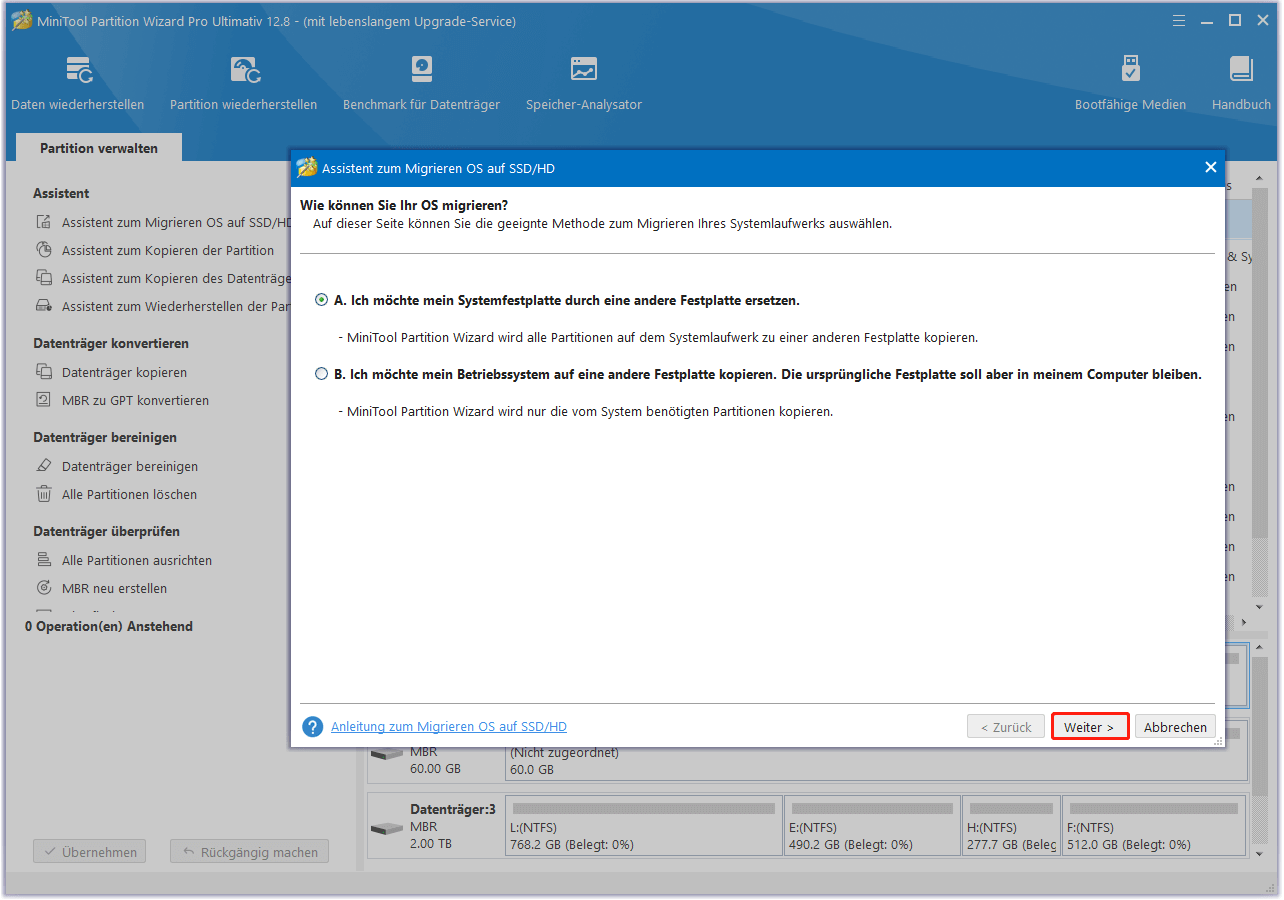 Wählen Sie einen Weg zur Migration eines Datenträgers in MiniTool Partition Wizard