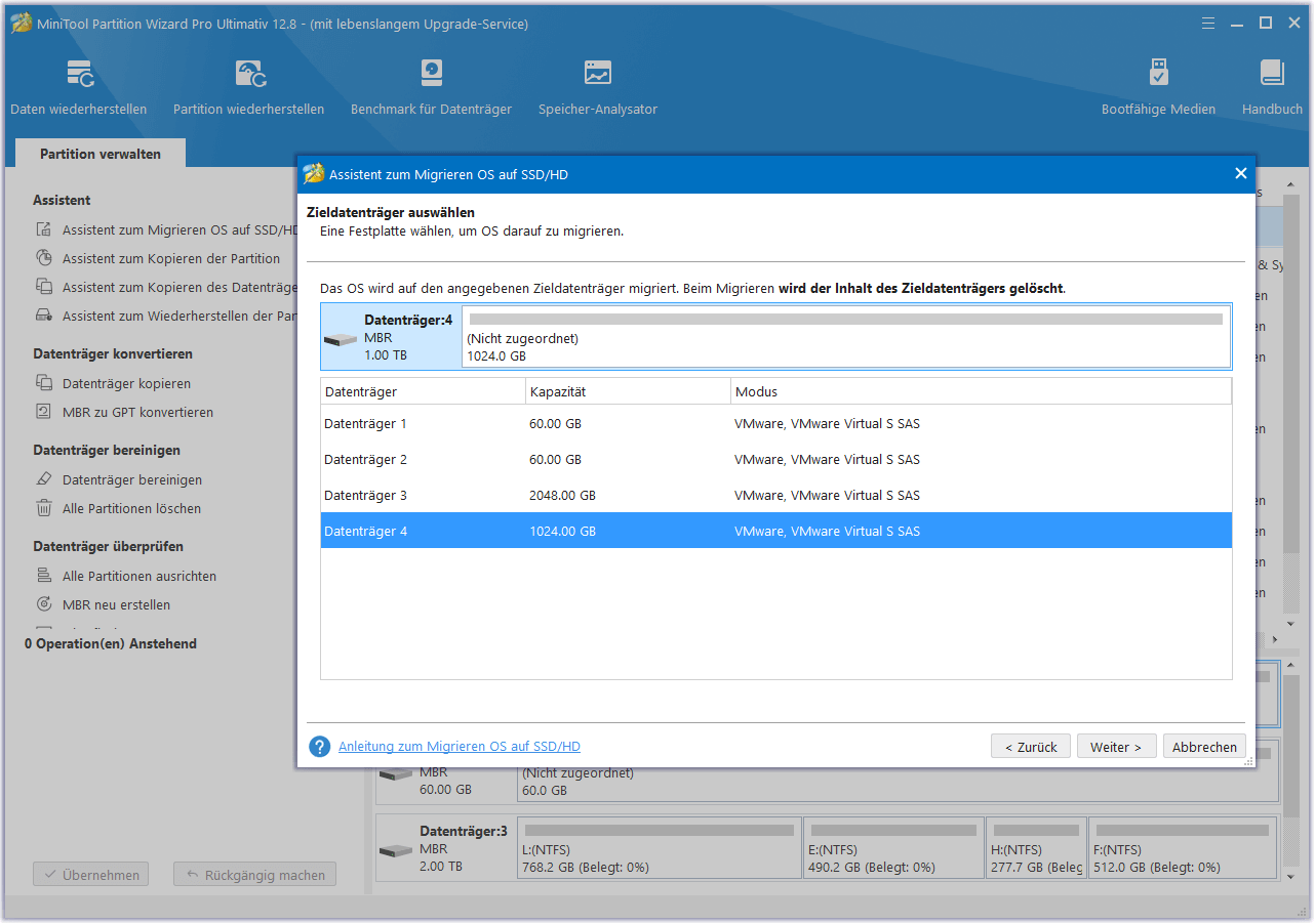 Auswahl eines Ziellaufwerks in MiniTool Partition Wizard