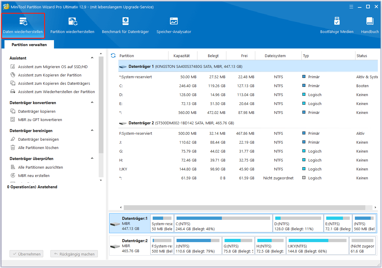 Klicken Sie auf Datenwiederehrstellung in MiniTool Partition Wizard