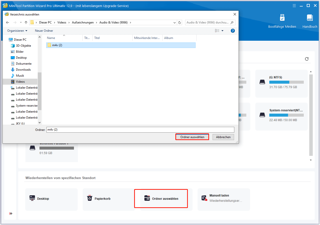 Klicken Sie auf Ordner auswählen, um den zu scannenden M4V-Ordner in MiniTool Partition Wizard auszuwählen