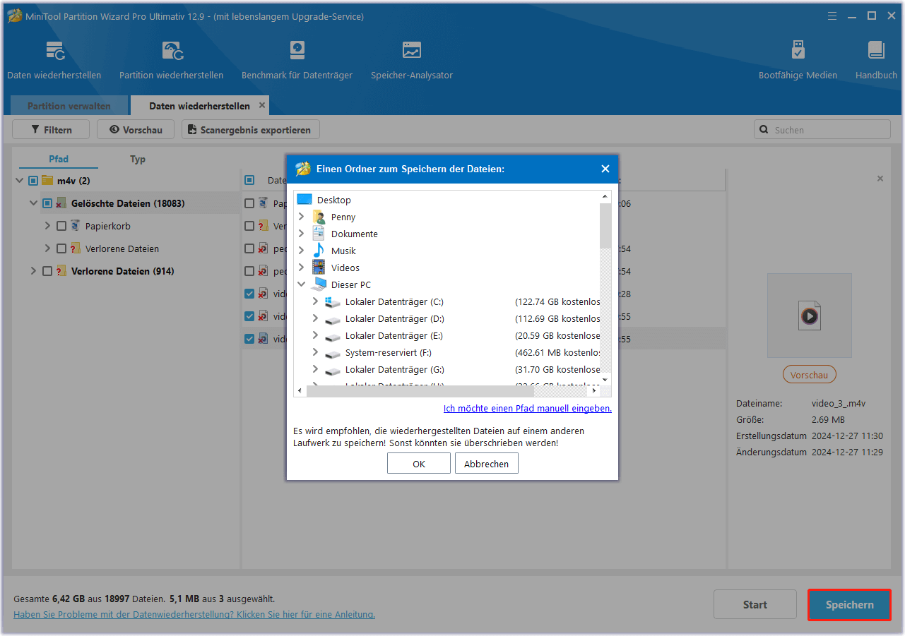 Speichern Sie die wiederhergestellten M4V-Dateien in MiniTool Partition Wizard