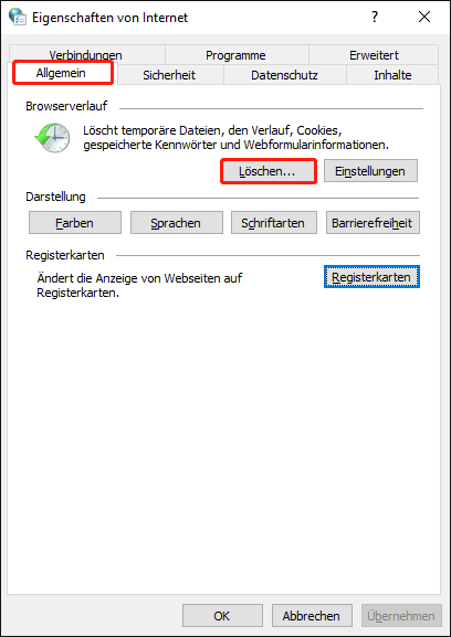 Wählen Sie auf der Registerkarte Allgemein die Option Löschen unter Browserverlauf aus.