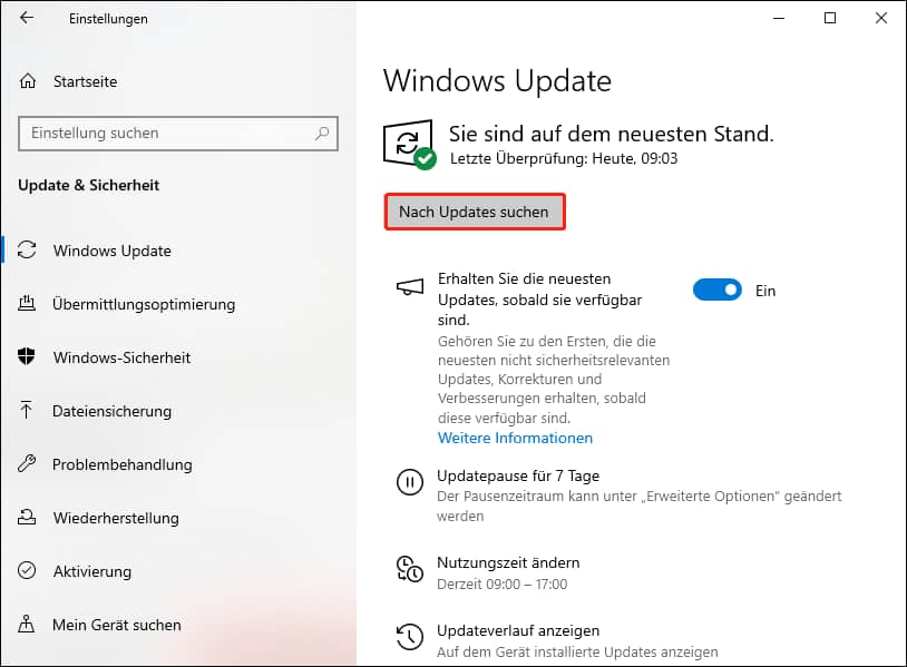 Klicken Sie auf die Schaltfläche Nach Updates suchen