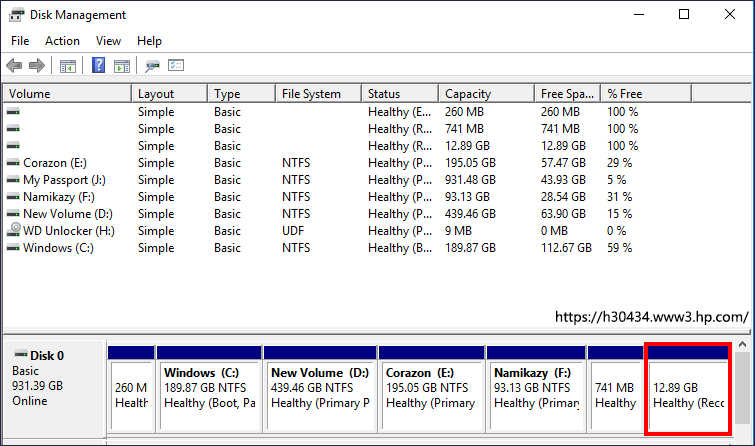 HP Wiederherstellungspartition in der Datenträgerverwaltung überprüfen