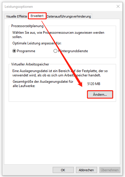 Virtuellen Arbeitsspeicher im Fenster „Leistungsoptionen“ ändern