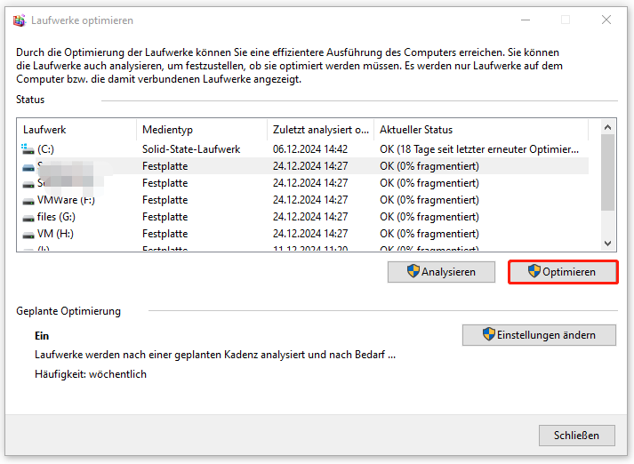 klicken Sie auf „Optimieren“, um das fragmentierte Laufwerk zu defragmentieren