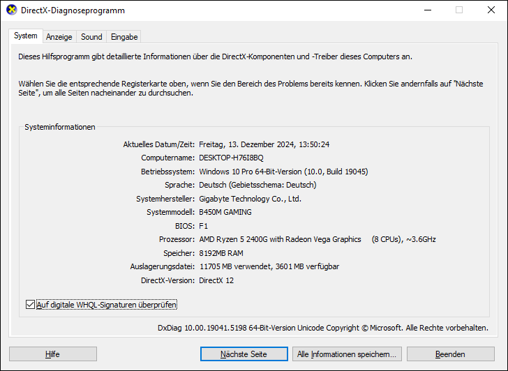 Das Fenster von DirectX-Diagnoseprogramm