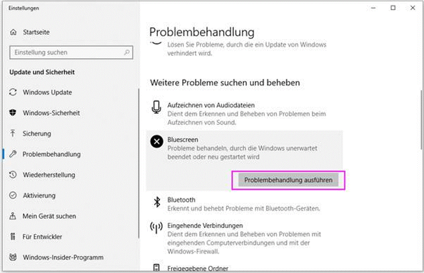 Die Problembehandlung für Bluescreen in Windows ausführen