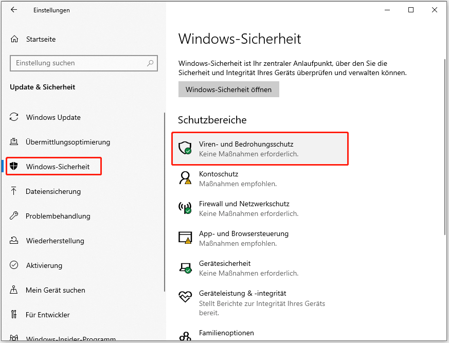 Wählen Sie Viren- und Bedrohungsschutz in Windows 10