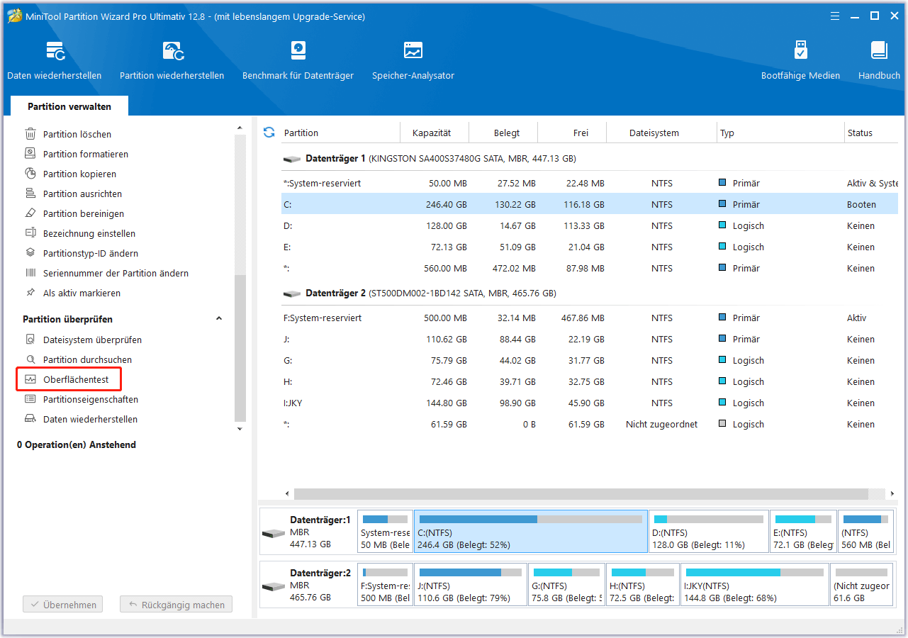 Wählen Sie Oberflächentest in MiniTool Partition Wizard