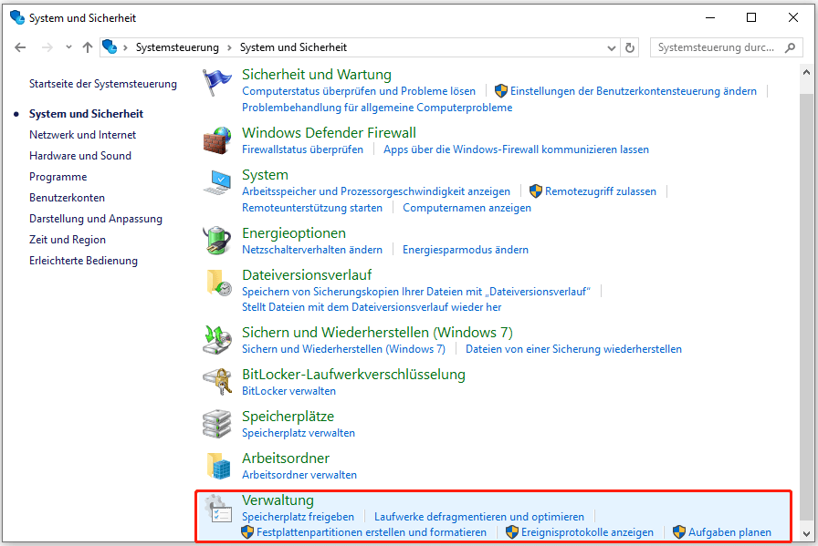 Klicken Sie auf Verwaltung in Windows 10