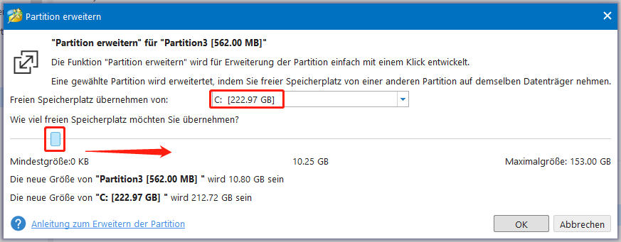 zur Vergrößerung der Wiederherstellungspartition klicken Sie in MiniTool Partition Wizard auf „Partition erweitern“