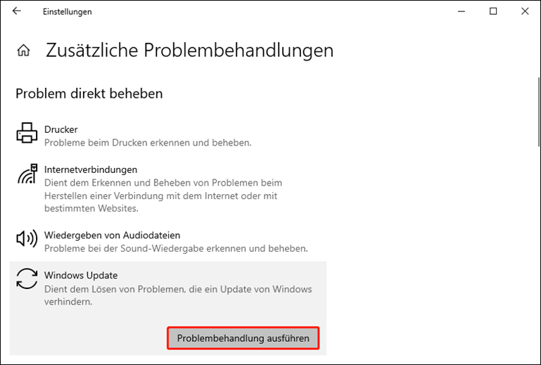 Klicken Sie auf Windows Update > Problembehandlung ausführen, um das Diagnose- und Reparaturtool für Update-Probleme zu starten.