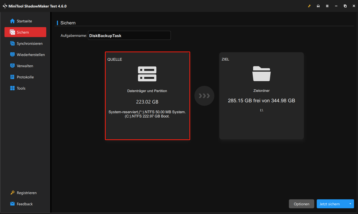 Systempartition sind in MiniTool ShadowMaker standardmäßig als Sicherungsquelle ausgewählt
