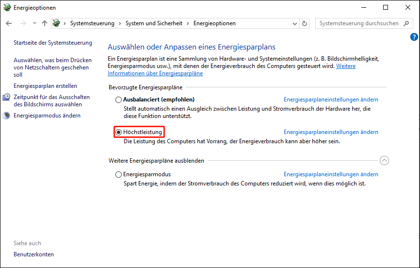 Aktivieren Sie im rechten Bereich Höchstleistung