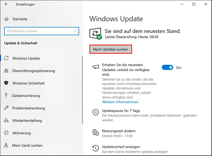 Klicken Sie im Bereich Windows Update auf Nach Updates suchen