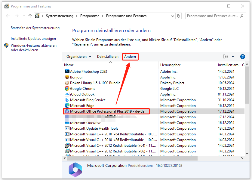 Um Microsoft Office zu reparieren, klicken Sie in „Programme und Features“ auf Microsoft Office und dann auf „Ändern“