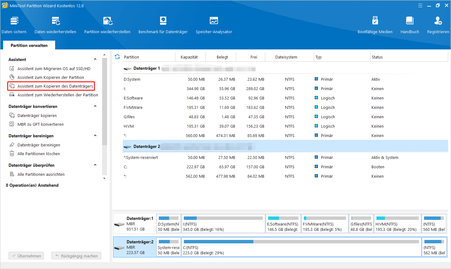 klicken Sie in MiniTool Partition Wizard auf die Funktion „Assistent zum Kopieren des Datenträgers“