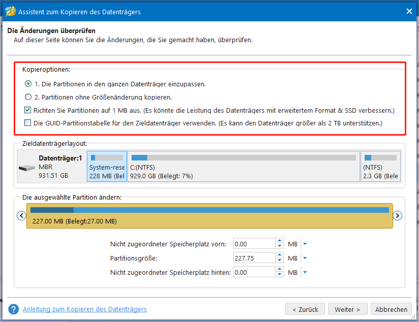 vier Kopieroptionen bei der Funktion „Assistent zum Kopieren des Datenträgers“