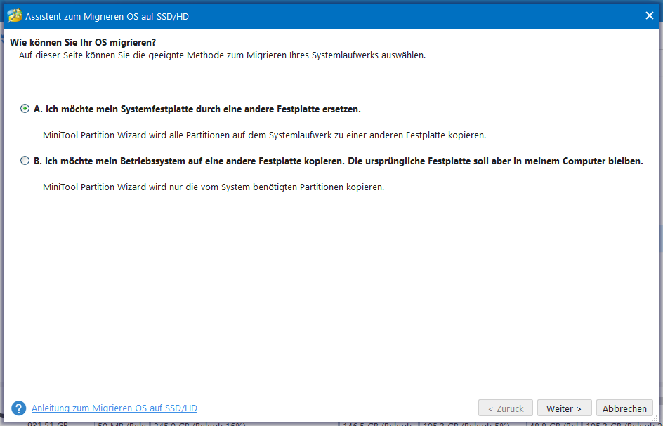 zwei Methoden zum Migrieren des Betriebssystems in MiniTool Partition Wizard