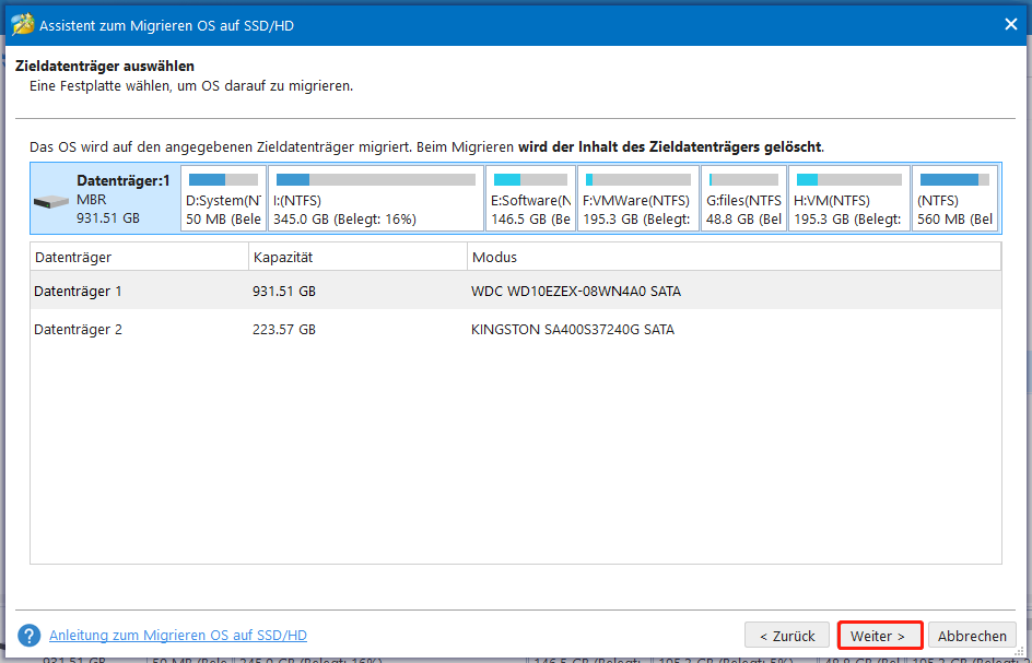 PNY SSD als Zieldatenträger wählen