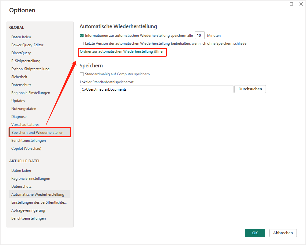 Ordner zur automatischen Wiederherstellung in Power BI öffnen