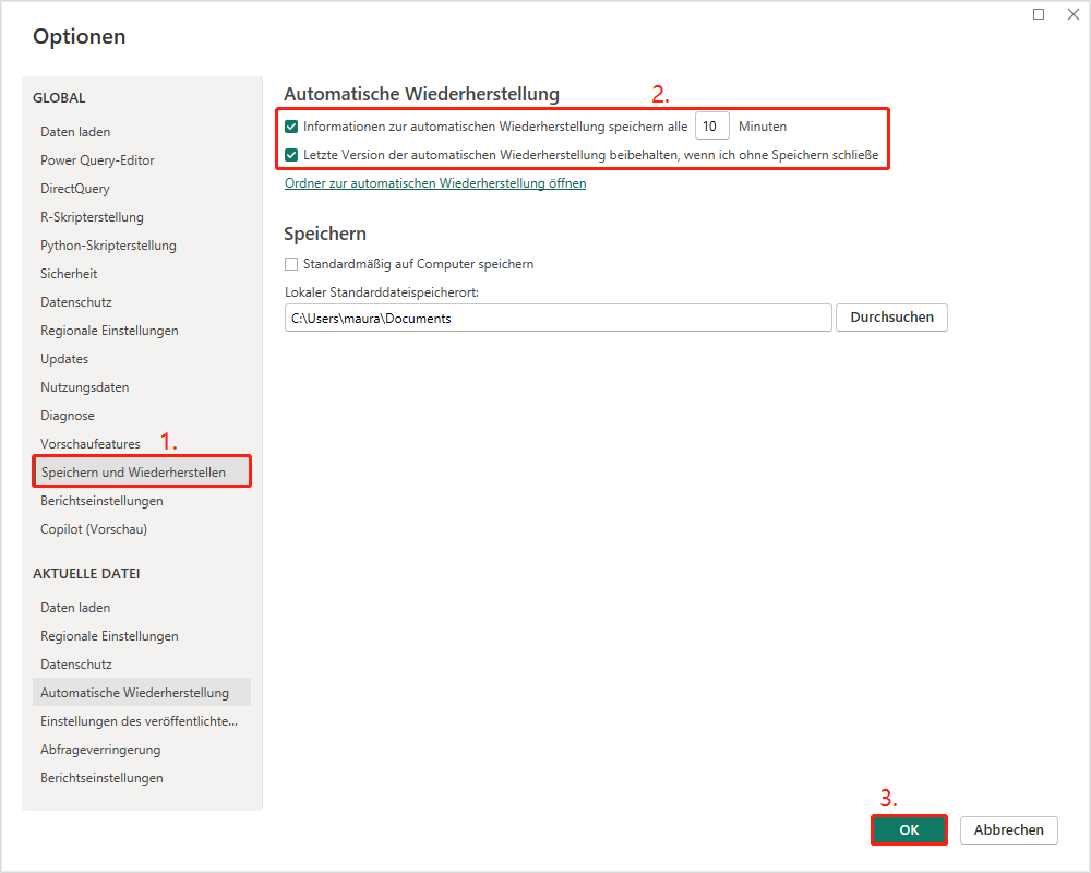 automatische Wiederherstellung in Power BI konfigurieren