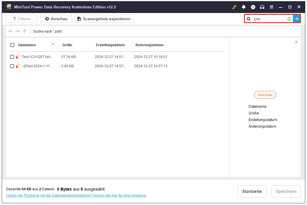 PBIX-Dateien in MiniTool Power Data Recovery über die Suchfunktion finden