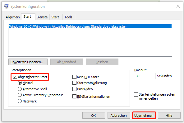 Abgesicherter Modus in Fenster „Systemkonfiguration“ aktivieren