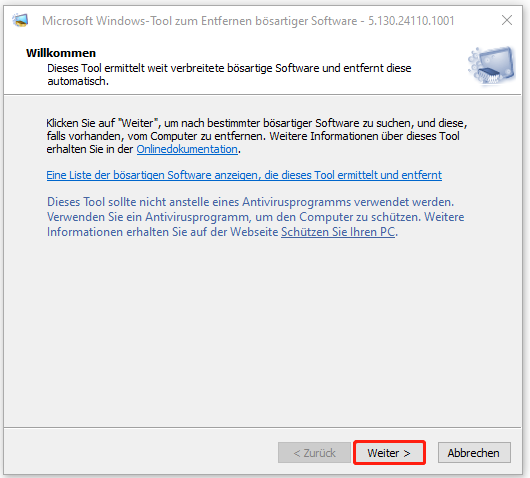 Im Windows-Tool zum Entfernen bösartiger Software klicken Sie auf Weiter