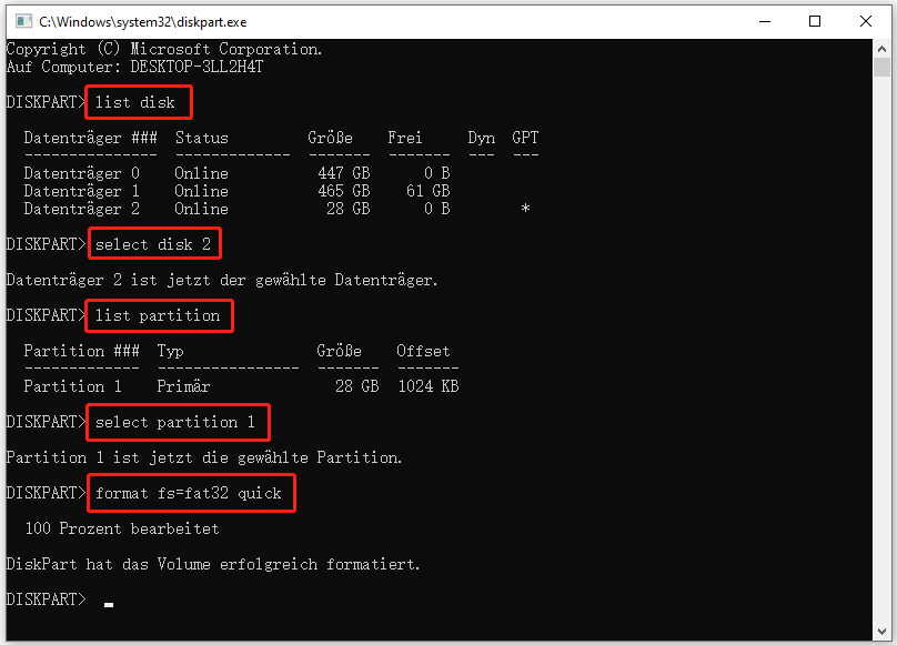 eine Partition mit diskpart formatieren