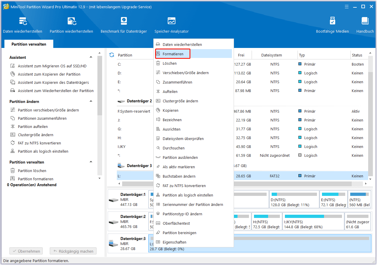 Wählen Sie die Funktion Formatieren von MiniTool Partition Wizard