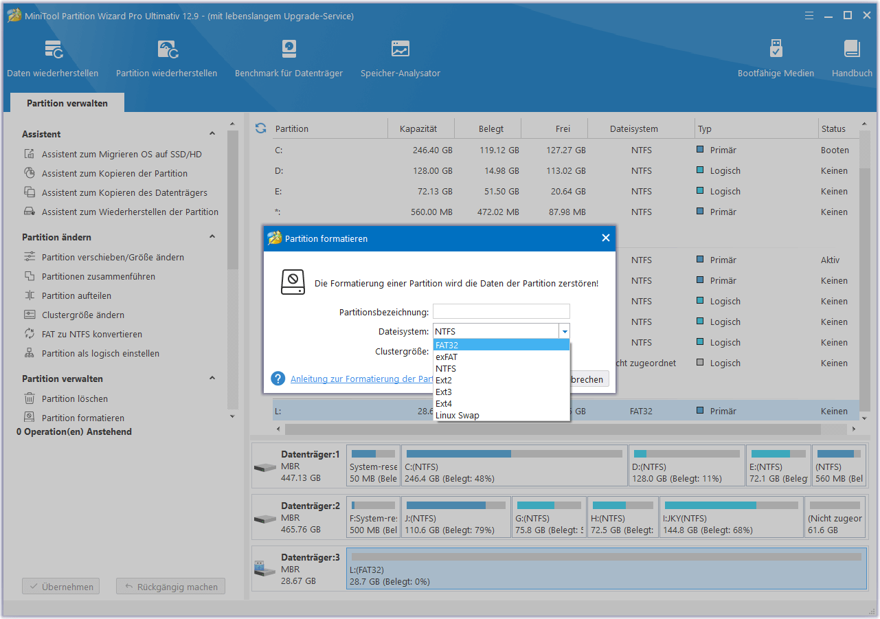 Dateisystem in MiniTool Partition Wizard auswählen