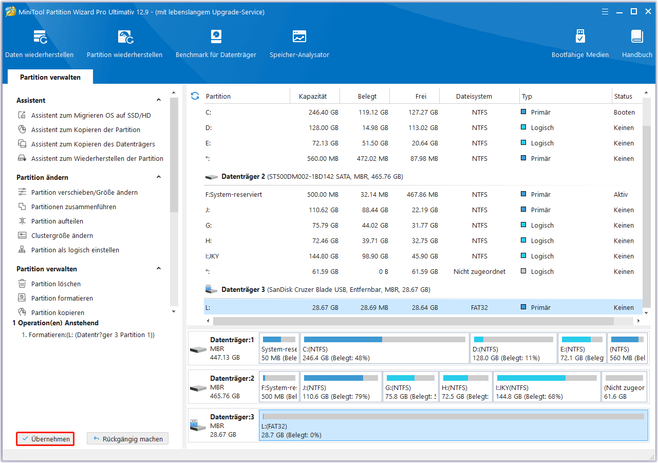 Klicken Sie auf Übernehmen in MiniTool Partition Wizard